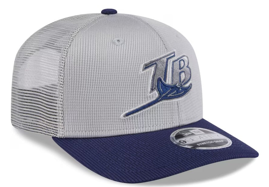 Rays New Era 2025 Grey Navy Batting Practice 9Seventy Trucker Stretch-Snap Hat