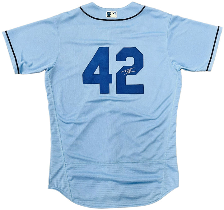 Rays Taj Bradley Team Issued Jackie Robinson (#42) Authentic Autographed Burst Jersey