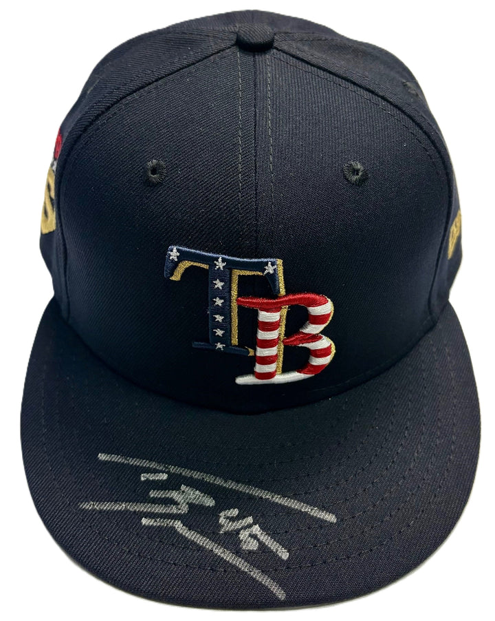 Rays Game Used Taj Bradley Authentic Autographed Stars & Stripes Hat