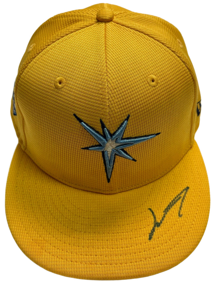 Rays Game Used Junior Caminero Authentic Autographed Spring Training Hat