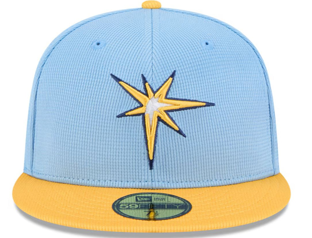 Rays New Era Light Blue/Yellow Burst 2025 Spring Training On-Field 59Fifty Fitted Hat