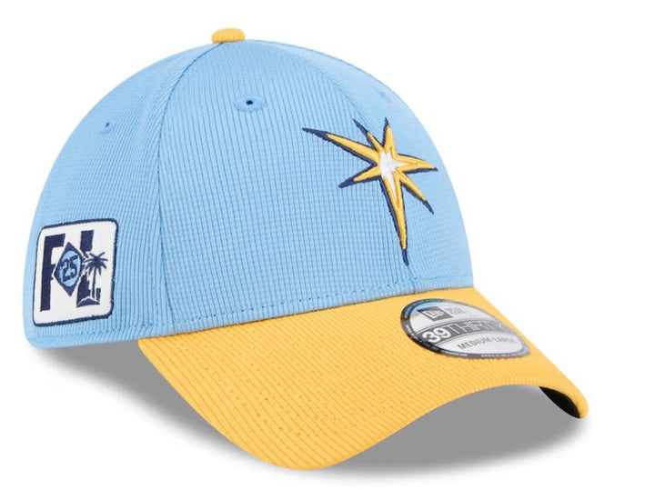 Rays New Era Light Blue/Yellow Burst 2025 Spring Training On-Field 39Thirty Flex Fit Hat