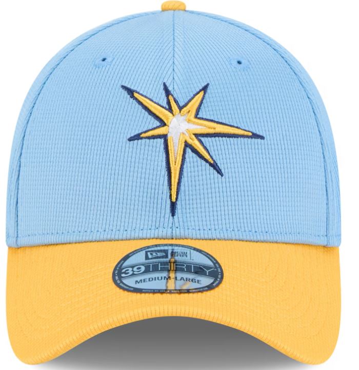 Rays New Era Light Blue/Yellow Burst 2025 Spring Training On-Field 39Thirty Flex Fit Hat