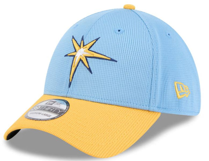 Rays New Era Light Blue/Yellow Burst 2025 Spring Training On-Field 39Thirty Flex Fit Hat