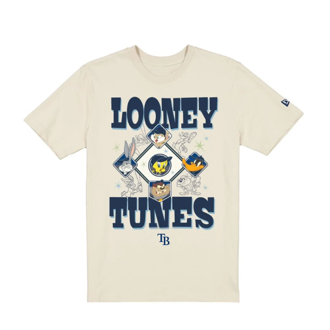Rays Men's New Era Cream Looney Tunes Baseball Diamond T-Shirt