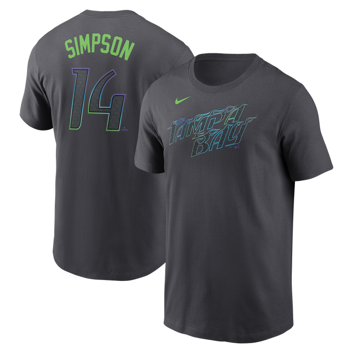 Rays Men's Nike Charcoal Grey City Connect Chandler Simpson Player T-Shirt