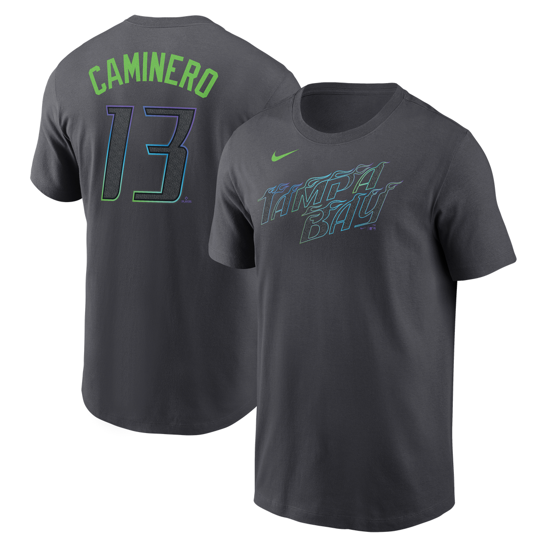 Rays Men's Nike Charcoal Grey City Connect Junior Caminero Player T-Shirt