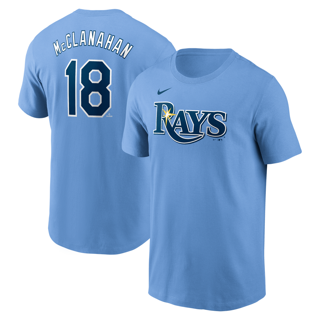 Rays Nike Columbia Blue Shane McClanahan 2025 Name and Number T-Shirt