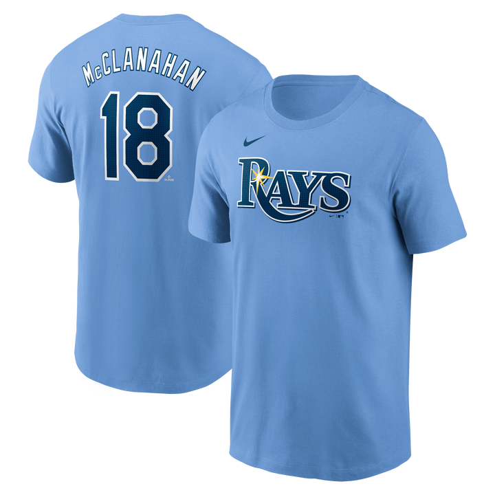 Rays Nike Columbia Blue Shane McClanahan 2025 Name and Number T-Shirt