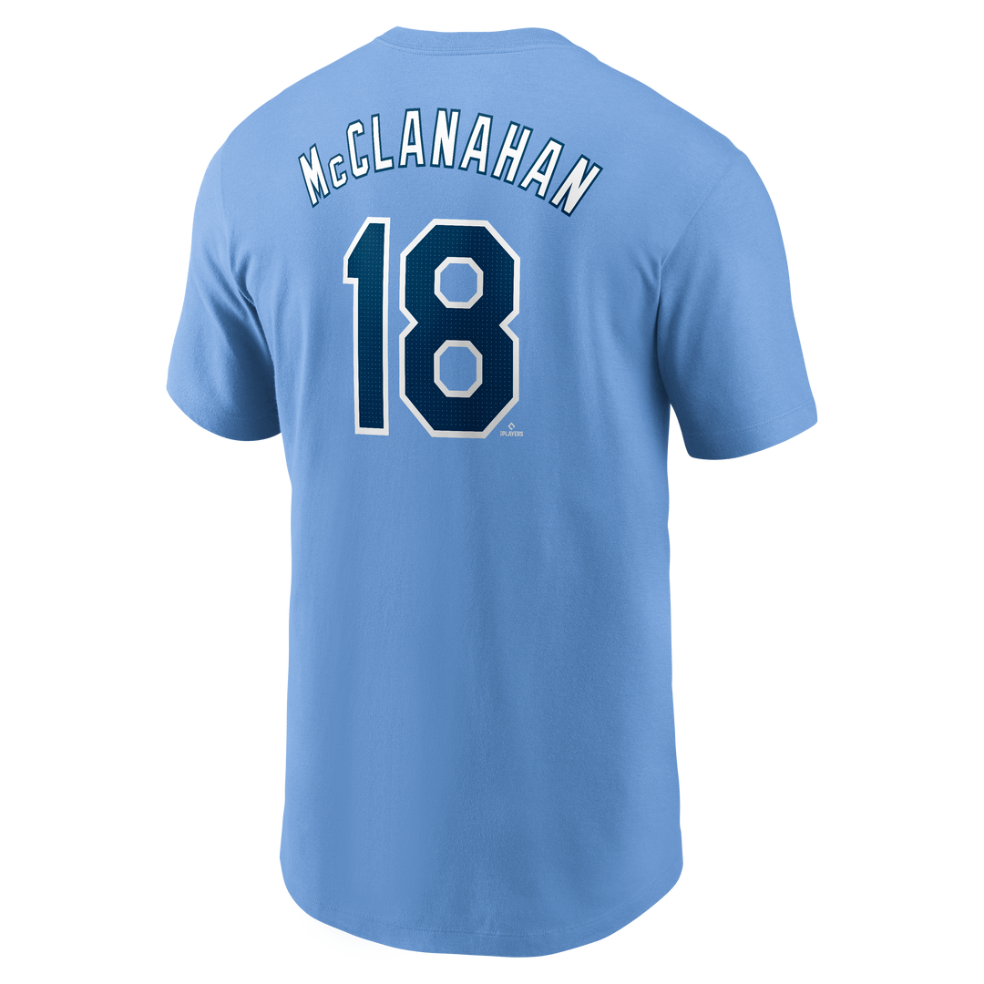 Rays Nike Columbia Blue Shane McClanahan 2025 Name and Number T-Shirt