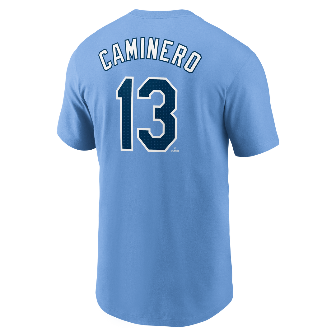 Rays Nike Columbia Blue Junior Caminero Name and Number T-Shirt