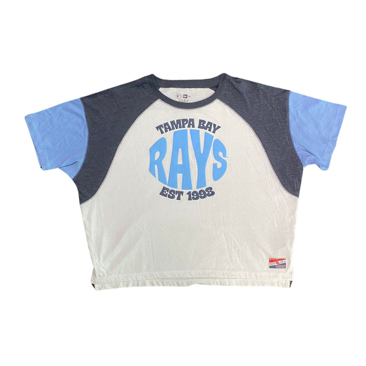 Rays Women's New Era White Blue Raglan Puff Print T-Shirt