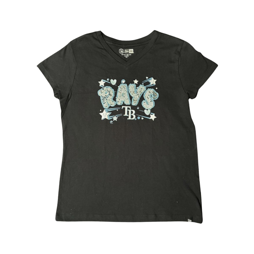Rays Youth New Era Navy Sequin Wordmark T-Shirt