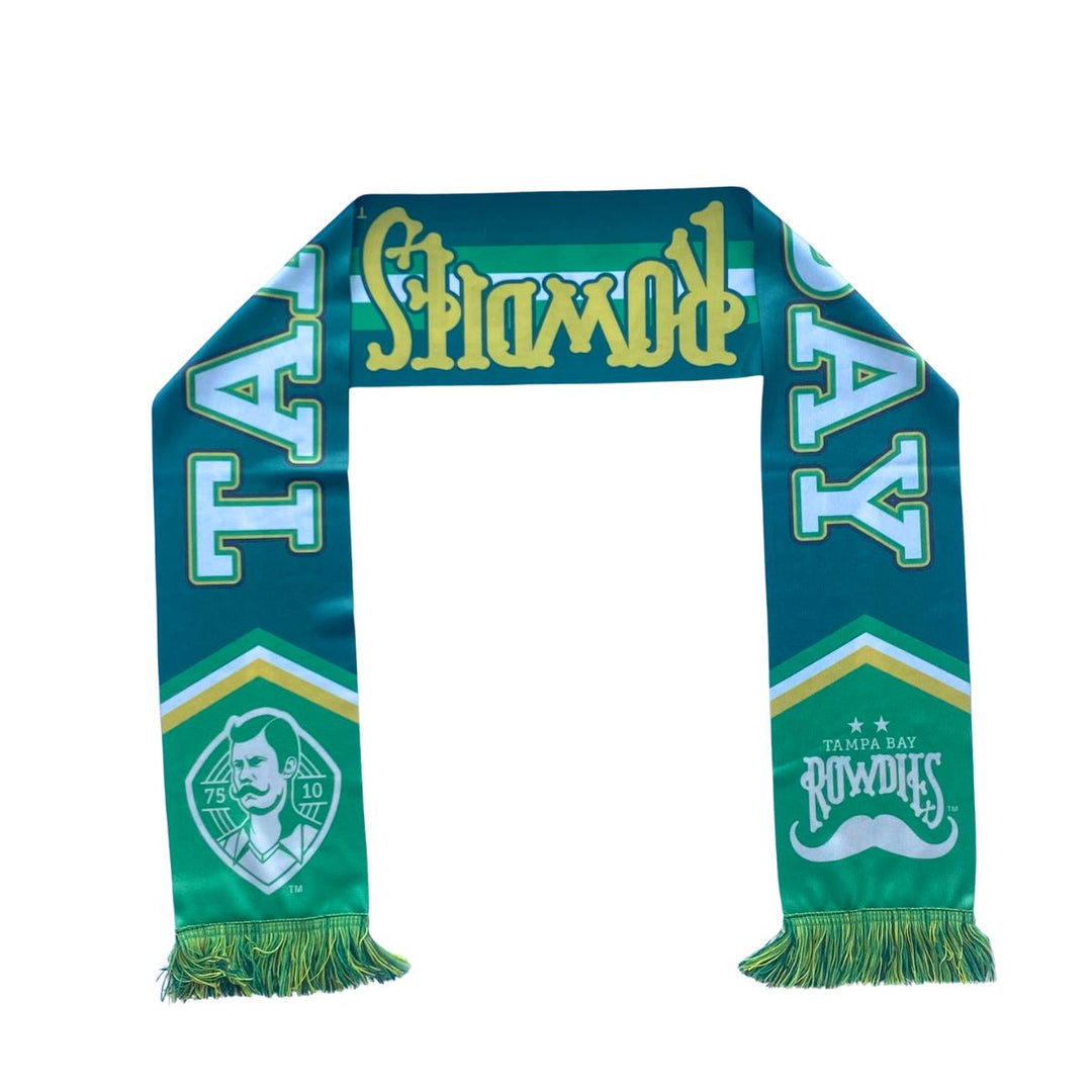 Rowdies Green and Yellow Dual Sided Tampa Bay Mustache Crest Scarf