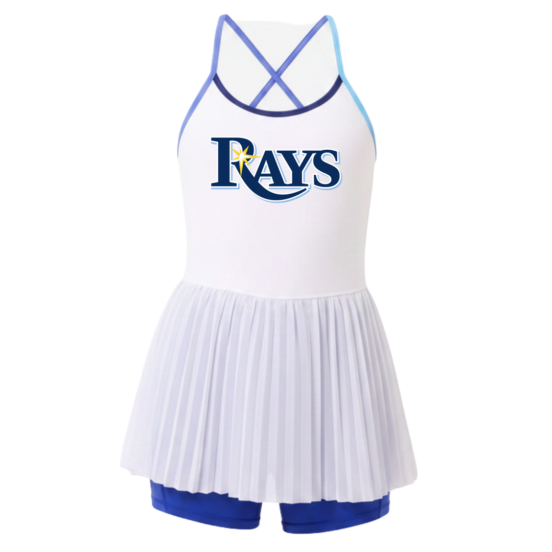 Rays Women's TEREZ White and Blue Wordmark Mesh Layover Tennis Dress