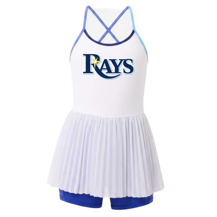 Rays Women's TEREZ White and Blue Wordmark Mesh Layover Tennis Dress