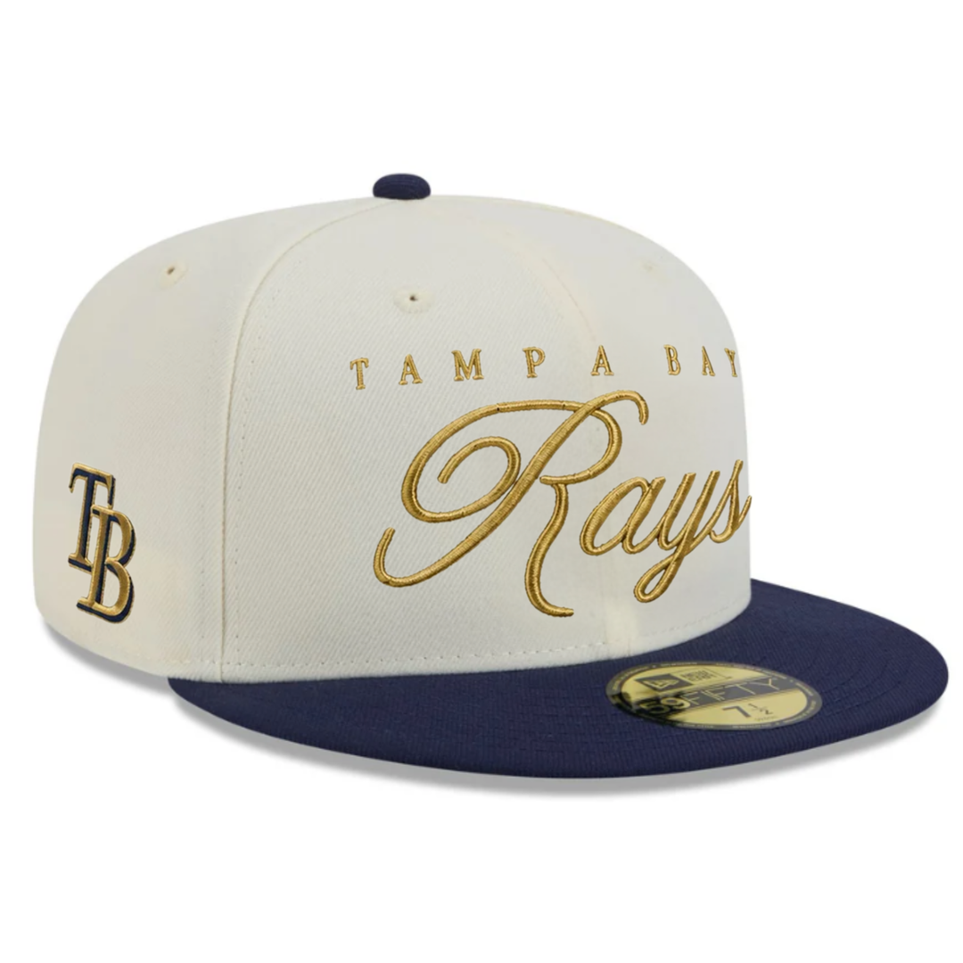 Rays New Era White Gold Script Script TB 59Fifty Fitted Hat