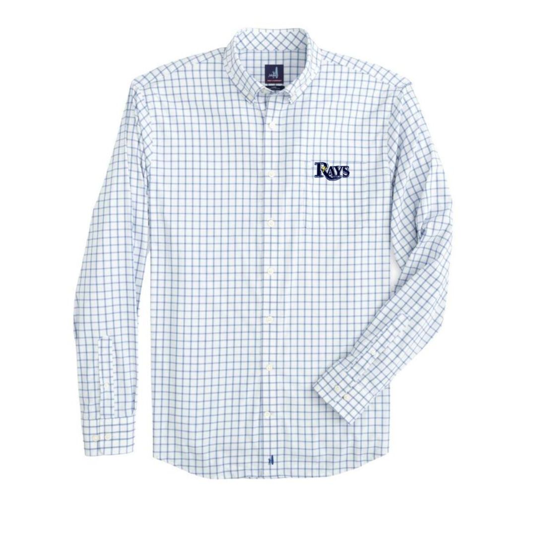 Rays Men's Johnnie O White Blue Wordmark Button Up Dress Shirt