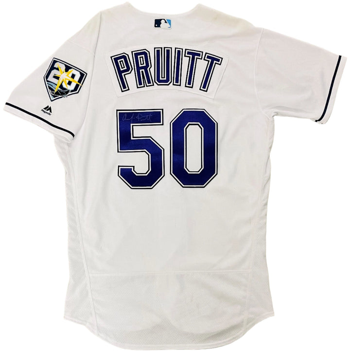 Rays Austin Pruitt Team Issued Authentic Autographed 20th Anniversary Devil Rays Jersey