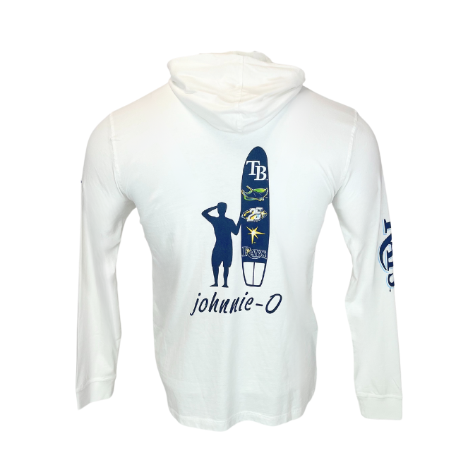 Rays Men's Johnnie-O White 25th Anniversary Surfboard on Back Lightweight Hoodie