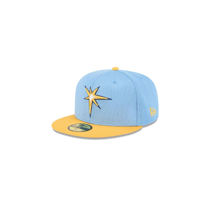 Rays New Era Light Blue/Yellow Burst 2025 Spring Training On-Field NO PATCH 59Fifty Fitted Hat