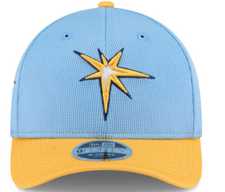 Rays New Era Light Blue/Yellow Burst 2025 Spring Training On Field NO PATCH 9Forty M-Crown Snapback Hat