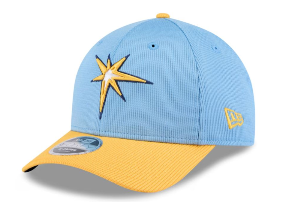 Rays New Era Light Blue/Yellow Burst 2025 Spring Training On Field NO PATCH 9Forty M-Crown Snapback Hat