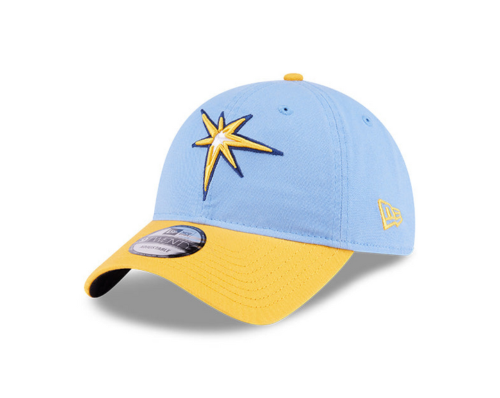 Rays New Era Youth Light Blue/Yellow Burst 2025 On-Field NO PATCH Spring Training 9Twenty Adjustable Hat