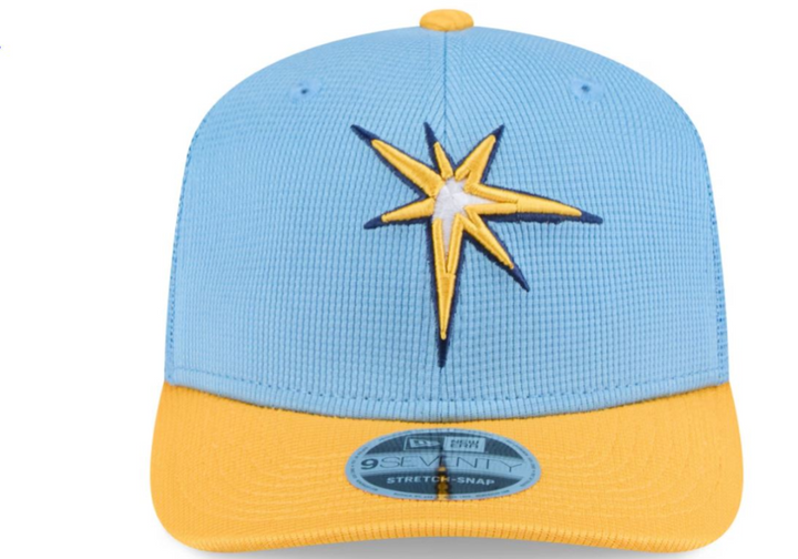 Rays New Era Light Blue/Yellow Burst 2025 Spring Training NO PATCH 9Seventy Trucker Stretch-Snap Hat