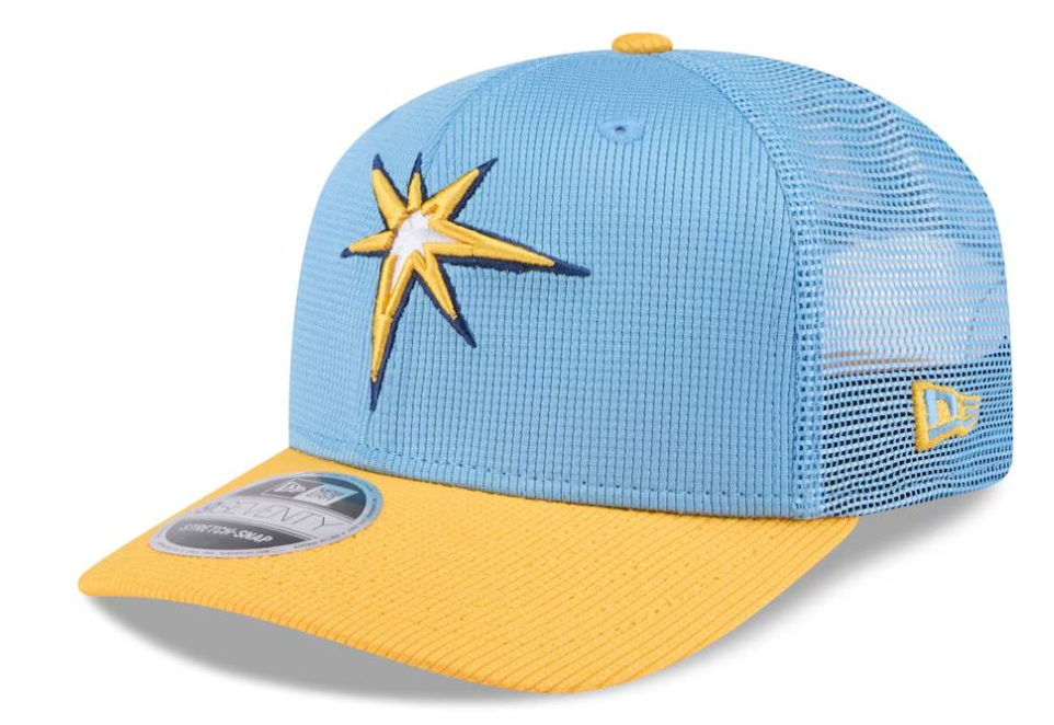 Rays New Era Light Blue/Yellow Burst 2025 On-Field 9Seventy Trucker Stretch-Snap Hat