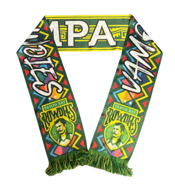 Rowdies Vamos Sugar Skull Crest Green and Yellow Dual Sided Striped Scarf