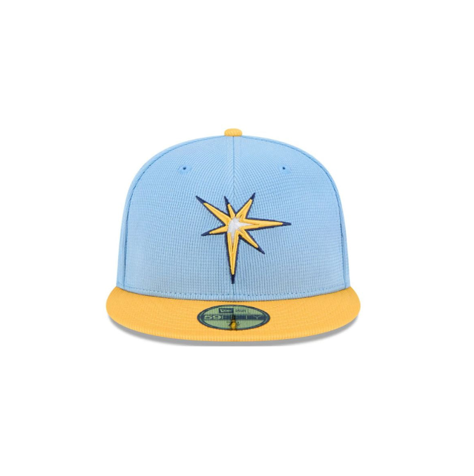 Rays New Era Light Blue/Yellow Burst 2025 Spring Training On-Field NO PATCH 59Fifty Fitted Hat