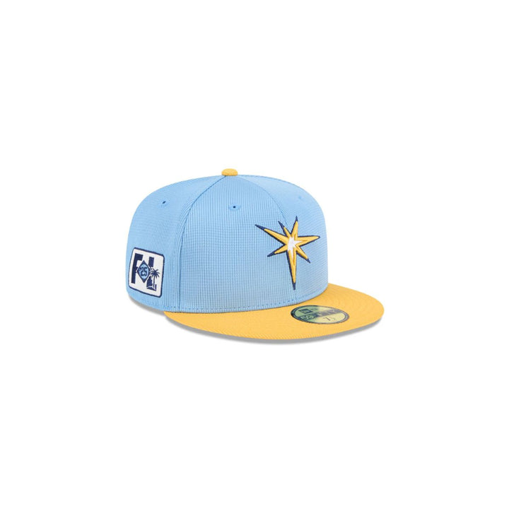 Rays New Era Youth Light Blue/Yellow Burst 2025 Spring Training On-Field 59Fifty Fitted Hat