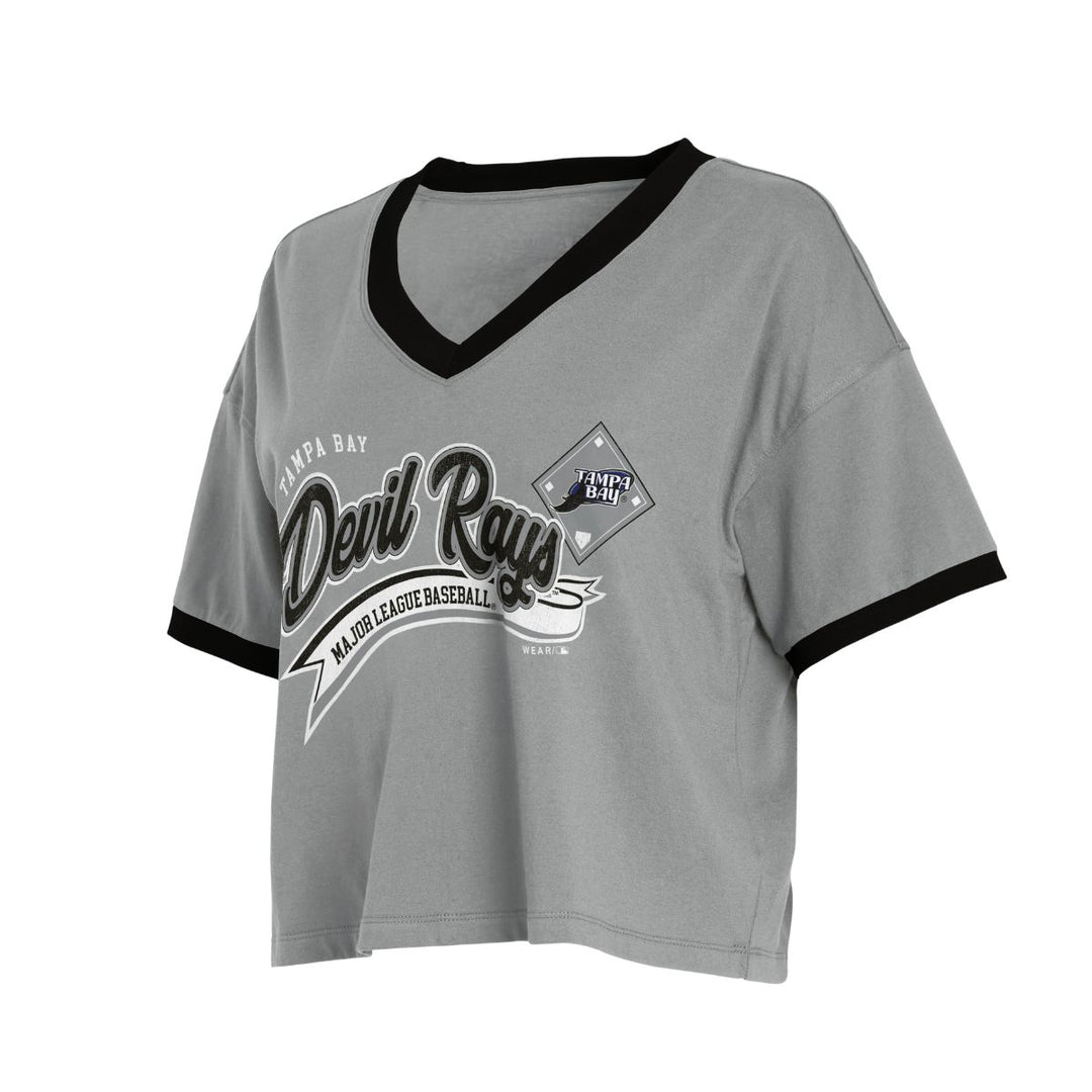Rays Women's WEAR by Erin Andrews Grey Devil Rays V-Neck Crop T-Shirt