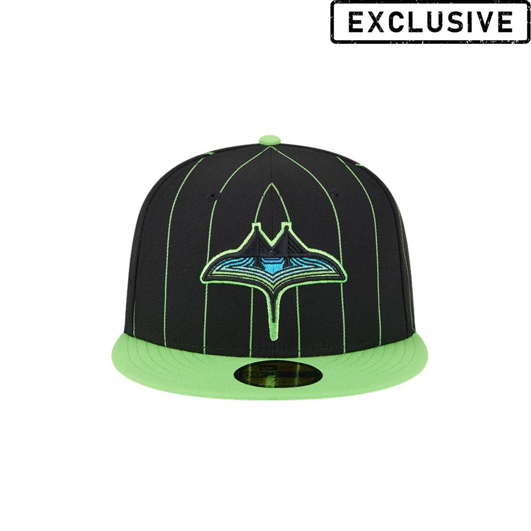Rays New Era Black and Green Pin Stripes City Connect Skyray Tampa Bay 59Fifty Fitted Hat