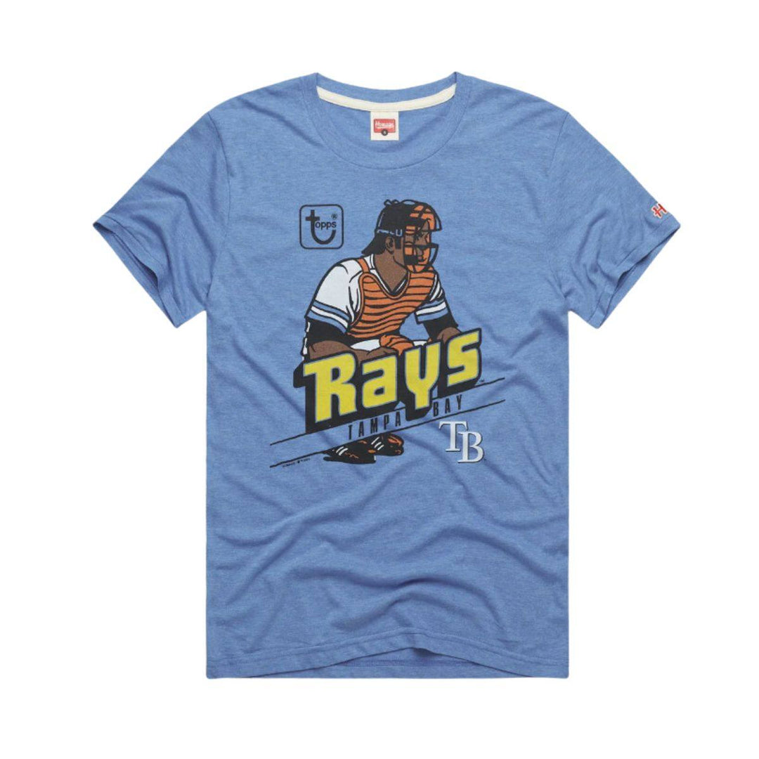 RAYS BLUE TOPPS CATCHER HOMAGE T-SHIRT - The Bay Republic | Team Store of the Tampa Bay Rays & Rowdies