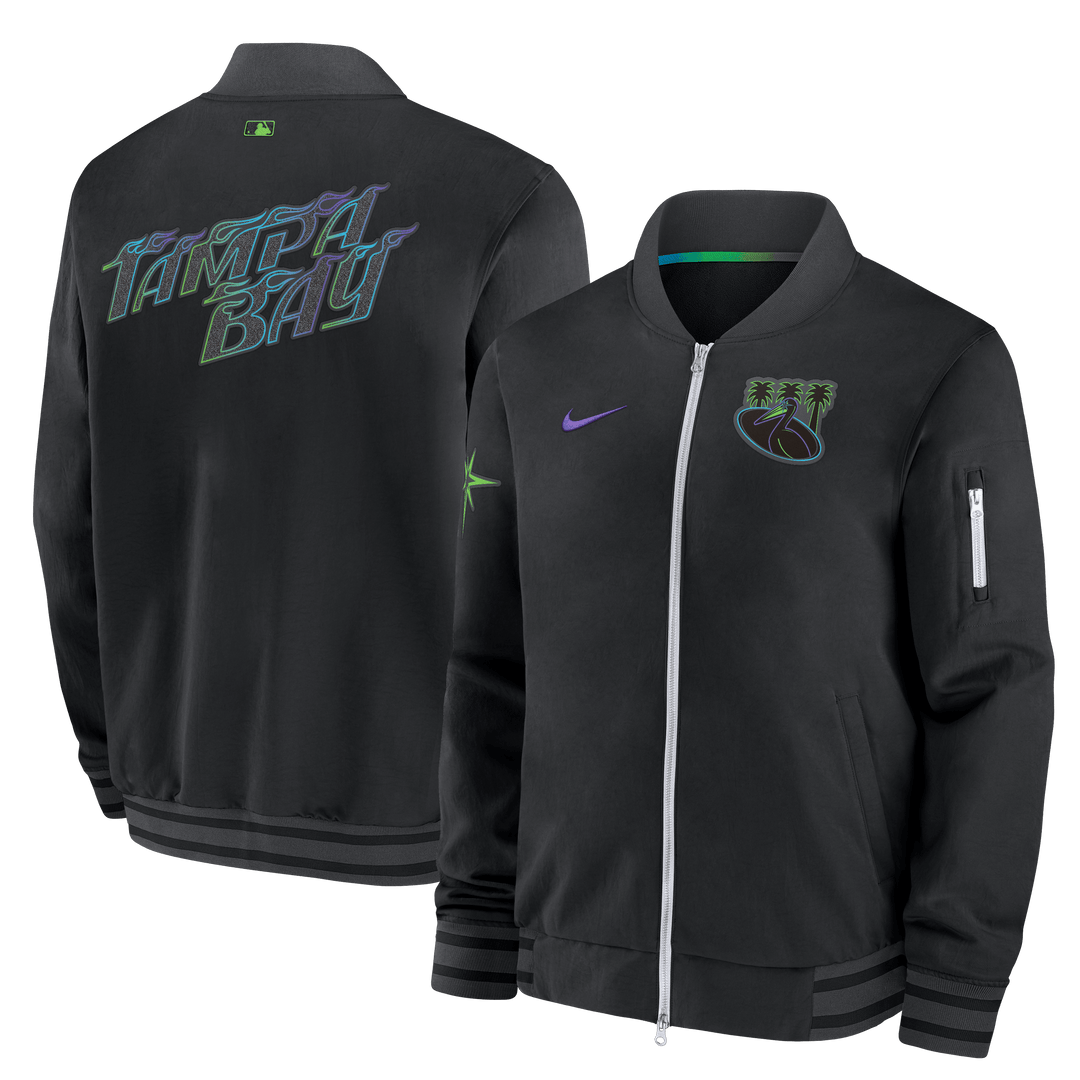 Rays Men's Nike Black City Connect Pelican Bomber Jacket - The Bay Republic | Team Store of the Tampa Bay Rays & Rowdies