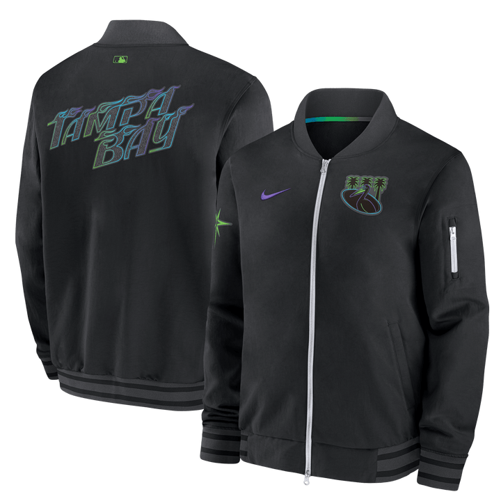 Rays Men's Nike Black City Connect Pelican Bomber Jacket - The Bay Republic | Team Store of the Tampa Bay Rays & Rowdies