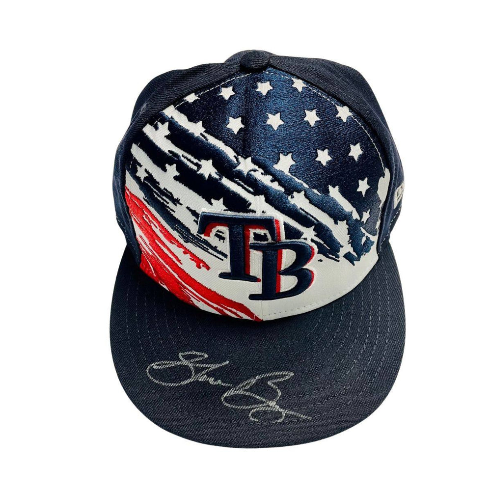 RAYS SHANE BAZ GAME-USED AUTHENTIC AUTOGRAPHED STARS AND STRIPES HAT - The Bay Republic | Team Store of the Tampa Bay Rays & Rowdies