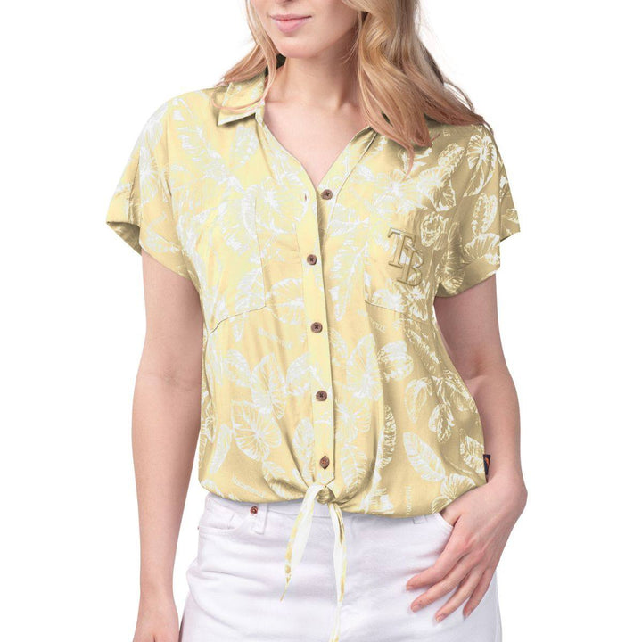 Rays Women's Margaritaville Yellow Floral Tie Front Hawaiian Shirt - The Bay Republic | Team Store of the Tampa Bay Rays & Rowdies