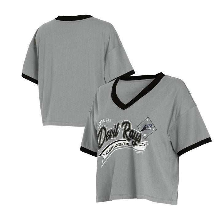 Rays Women's WEAR by Erin Andrews Grey Devil Rays V-Neck Crop T-Shirt - The Bay Republic | Team Store of the Tampa Bay Rays & Rowdies