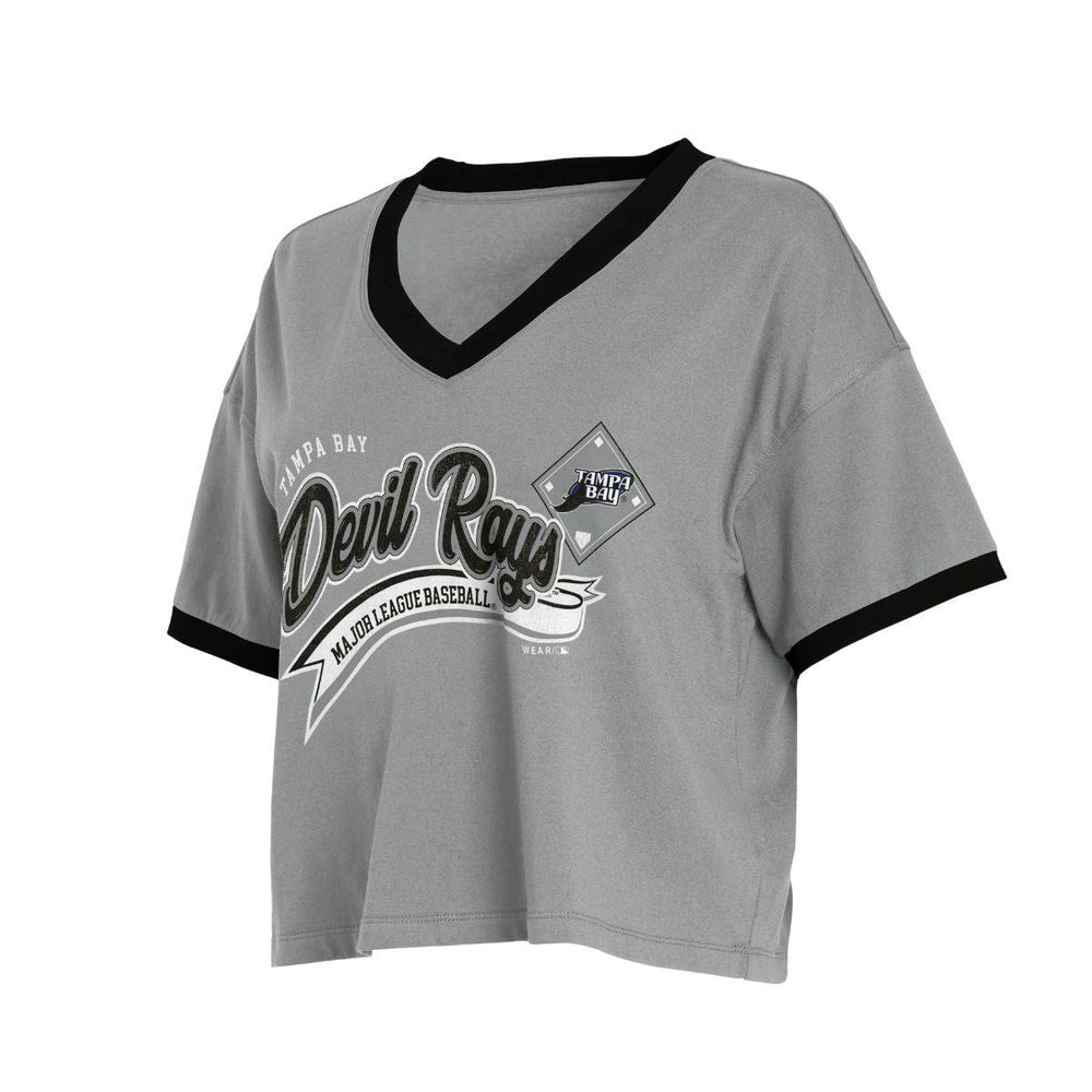 Rays Women's WEAR by Erin Andrews Grey Devil Rays V-Neck Crop T-Shirt - The Bay Republic | Team Store of the Tampa Bay Rays & Rowdies