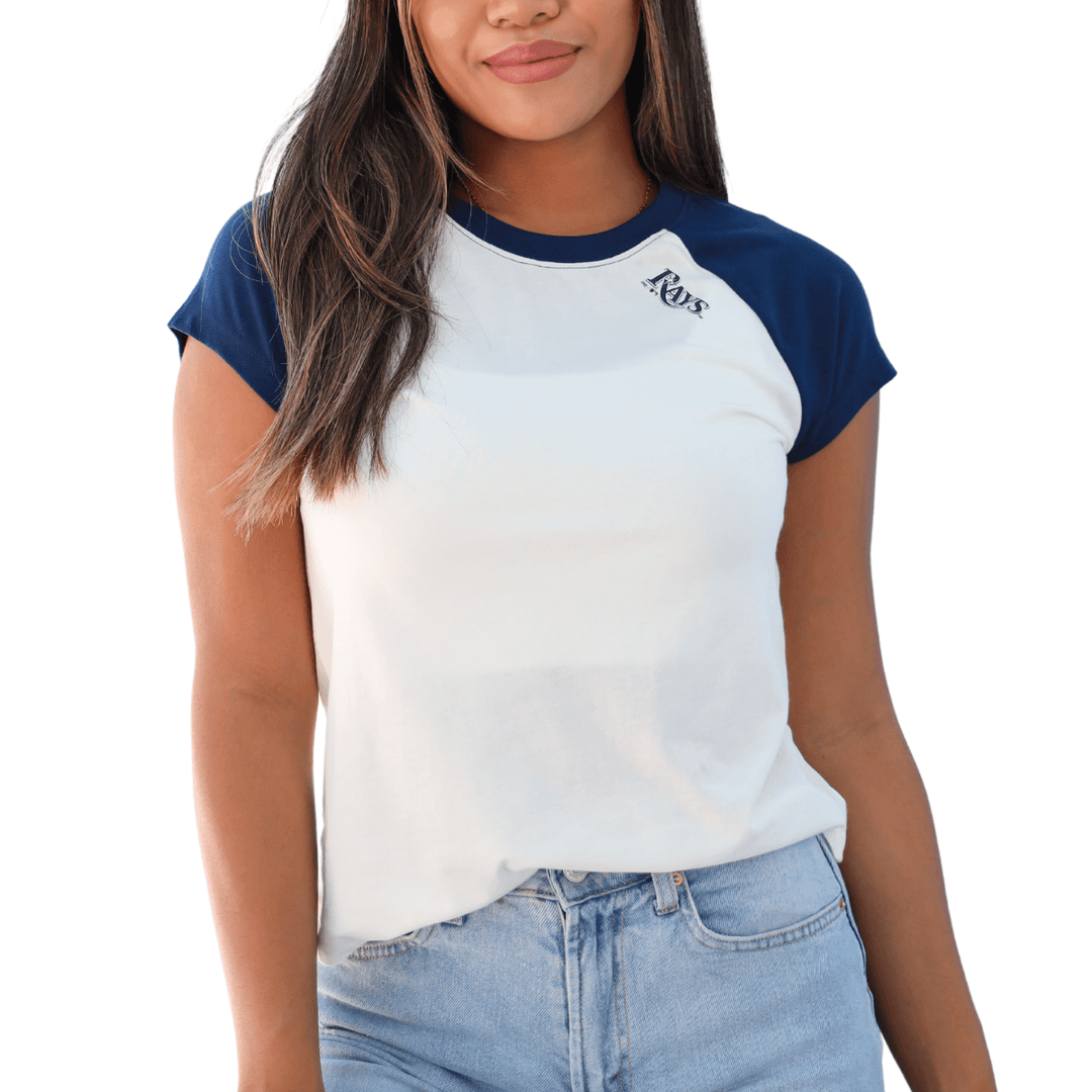 RAYS WOMEN'S WHITE NAVY LUSSO RAGLAN T-SHIRT - The Bay Republic | Team Store of the Tampa Bay Rays & Rowdies