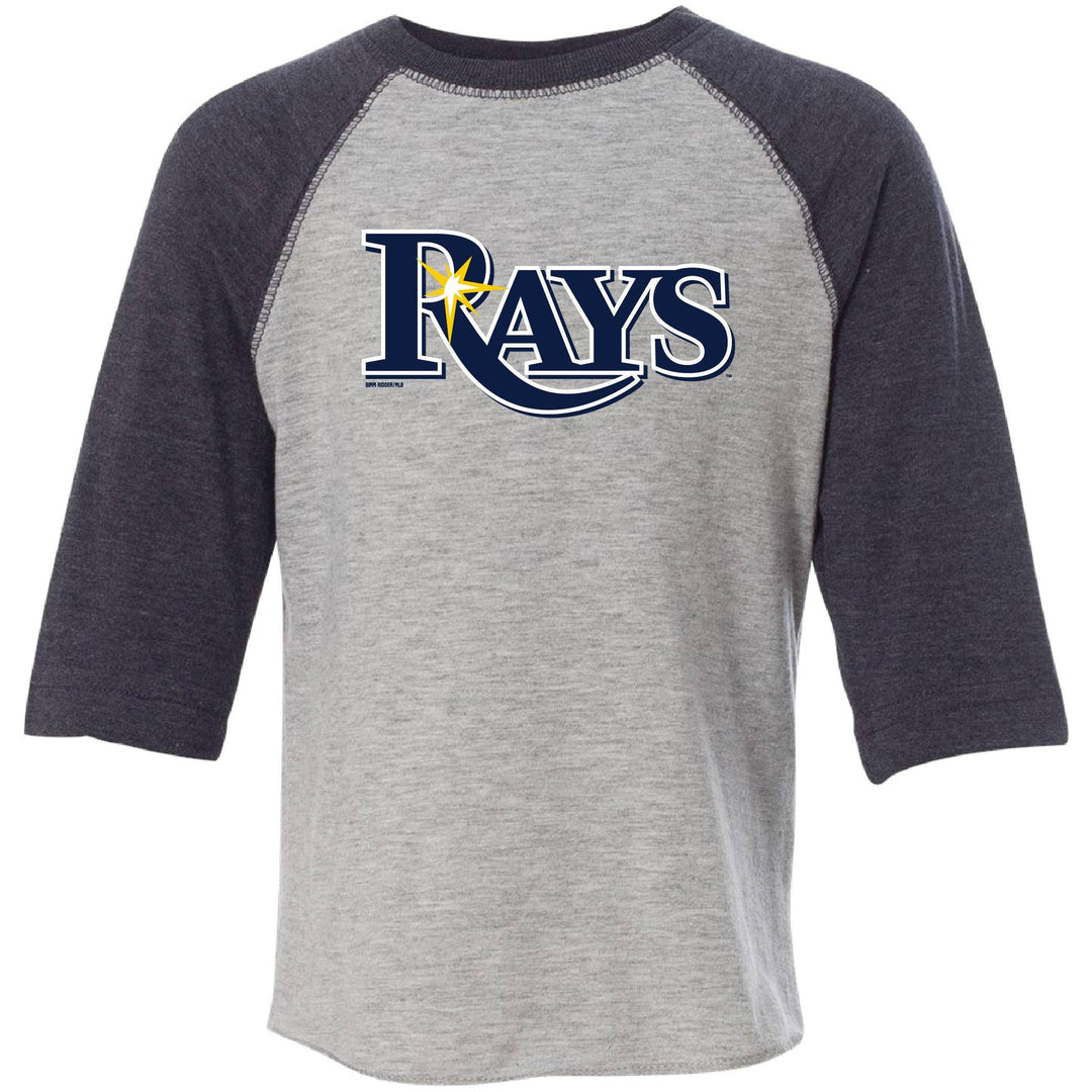 RAYS YOUTH TODDLER GREY AND NAVY WORDMARK RAGLAN T-SHIRT - The Bay Republic | Team Store of the Tampa Bay Rays & Rowdies