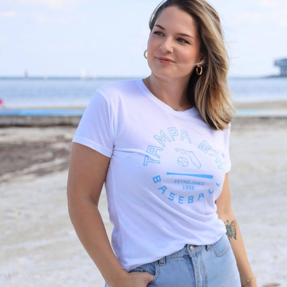 WOMEN'S WHITE TAMPA BAY BASEBALL EST 1998 SPORTIQE T-SHIRT - The Bay Republic | Team Store of the Tampa Bay Rays & Rowdies