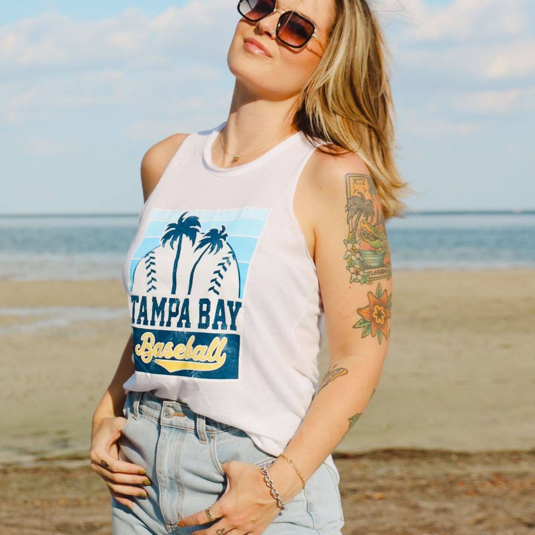 WOMEN'S WHITE TAMPA BAY BASEBALL PALM TREES SPORTIQE TANK TOP - The Bay Republic | Team Store of the Tampa Bay Rays & Rowdies