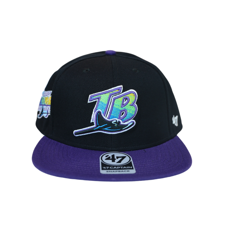 RAYS BLACK AND PURPLE DEVIL RAYS INAUGURAL SEASON PATCH 47 BRAND CAPTAIN SNAPBACK HAT