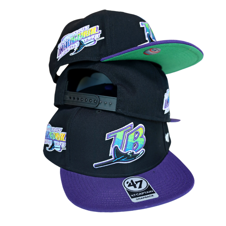 RAYS BLACK AND PURPLE DEVIL RAYS INAUGURAL SEASON PATCH 47 BRAND CAPTAIN SNAPBACK HAT