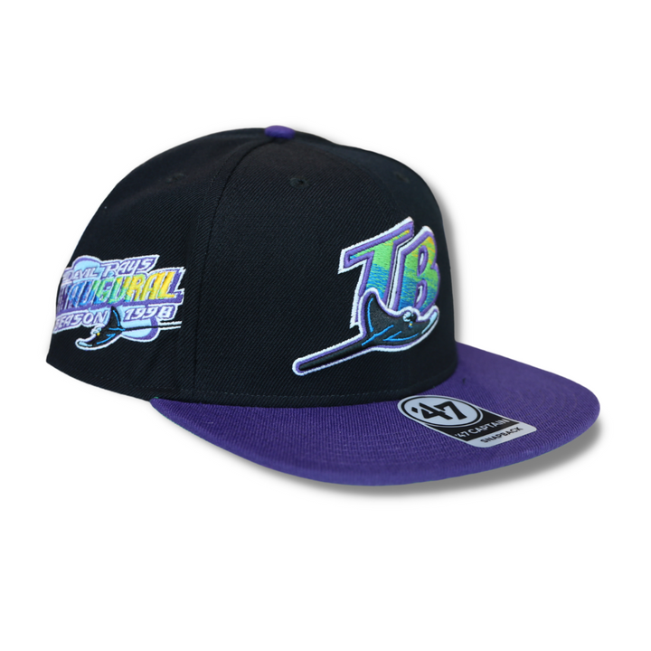 RAYS BLACK AND PURPLE DEVIL RAYS INAUGURAL SEASON PATCH 47 BRAND CAPTAIN SNAPBACK HAT