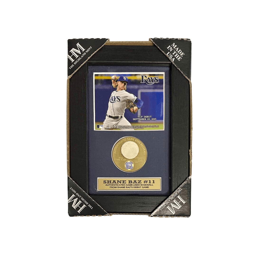 RAYS SHANE BAZ AUTHENTIC DEBUT GAME-USED BASEBALL PIECE DISPLAY - The Bay Republic | Team Store of the Tampa Bay Rays & Rowdies